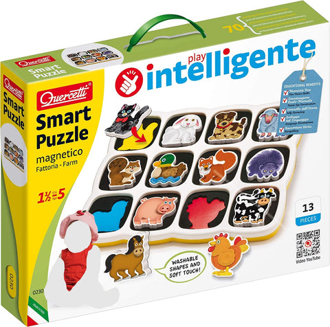 Quercetti - Smart Puzzle Farm - Two-Sided Magnetic Puzzle with 13 Farm Animal Shapes