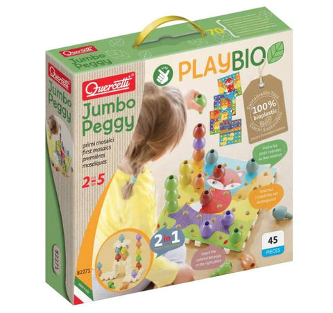 Quercetti - Jumbo Peggy Medium - Stacking Peg Toy with Illustrated Cards and 9 Linking Boards and 36 Pegs, for Kids Ages 2 Years +